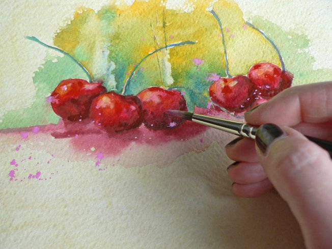 Adding the finishing touches to a simple cherry study in gouache